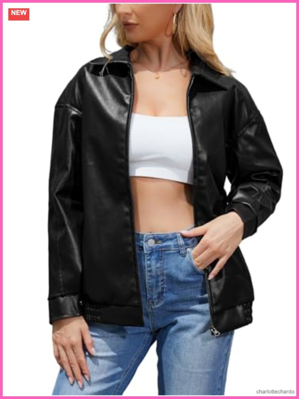 Faux Leather Oversized Moto Biker Jacket Long Sleeve Zipper Fall Winter Coat
